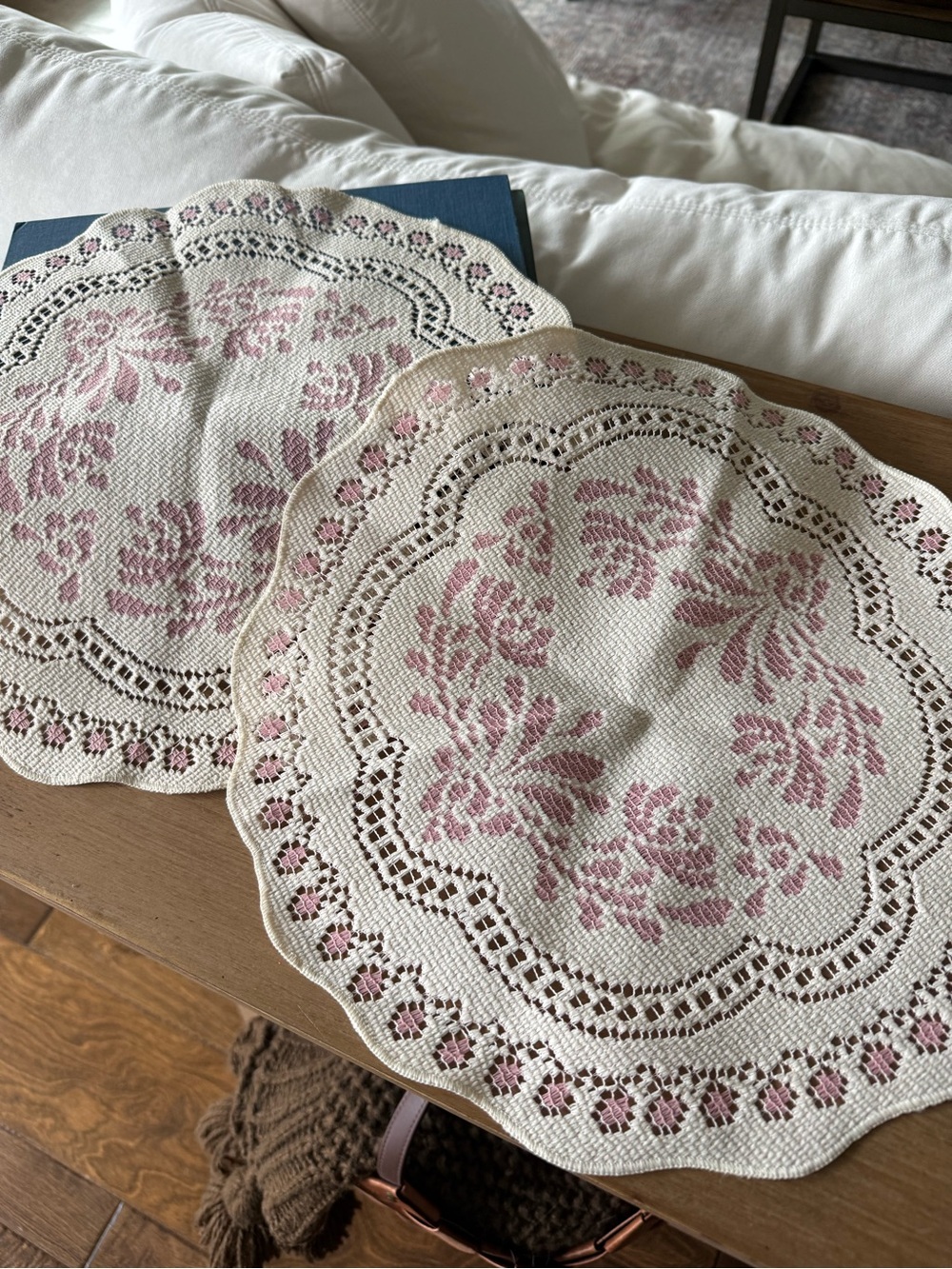 Set of 2 Floral Crochet Doilies Pink & Cream Scalloped Cottage Decor